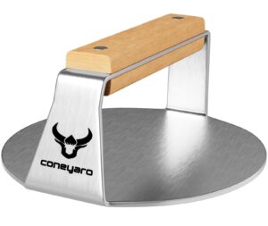 coneyaro smash burger press 5.5" stainless steel patty maker - non-stick smasher for griddle cooking - wood handle grill tool