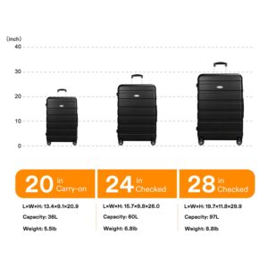 YEMENREN Luggage Sets Hardside Lightweight Suitcase with Spinner Wheels TSA Lock, 3-Piece Set (20/24/28), Black