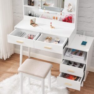 BEWISHOME Vanity Desk, White Vanity with Charging Station & Nightstand, Makeup Desk Makeup Vanity with Lights with 3 Colors Modes, Makeup Table Vanity Table with Stool Dressing Table Vanity Set FST18W