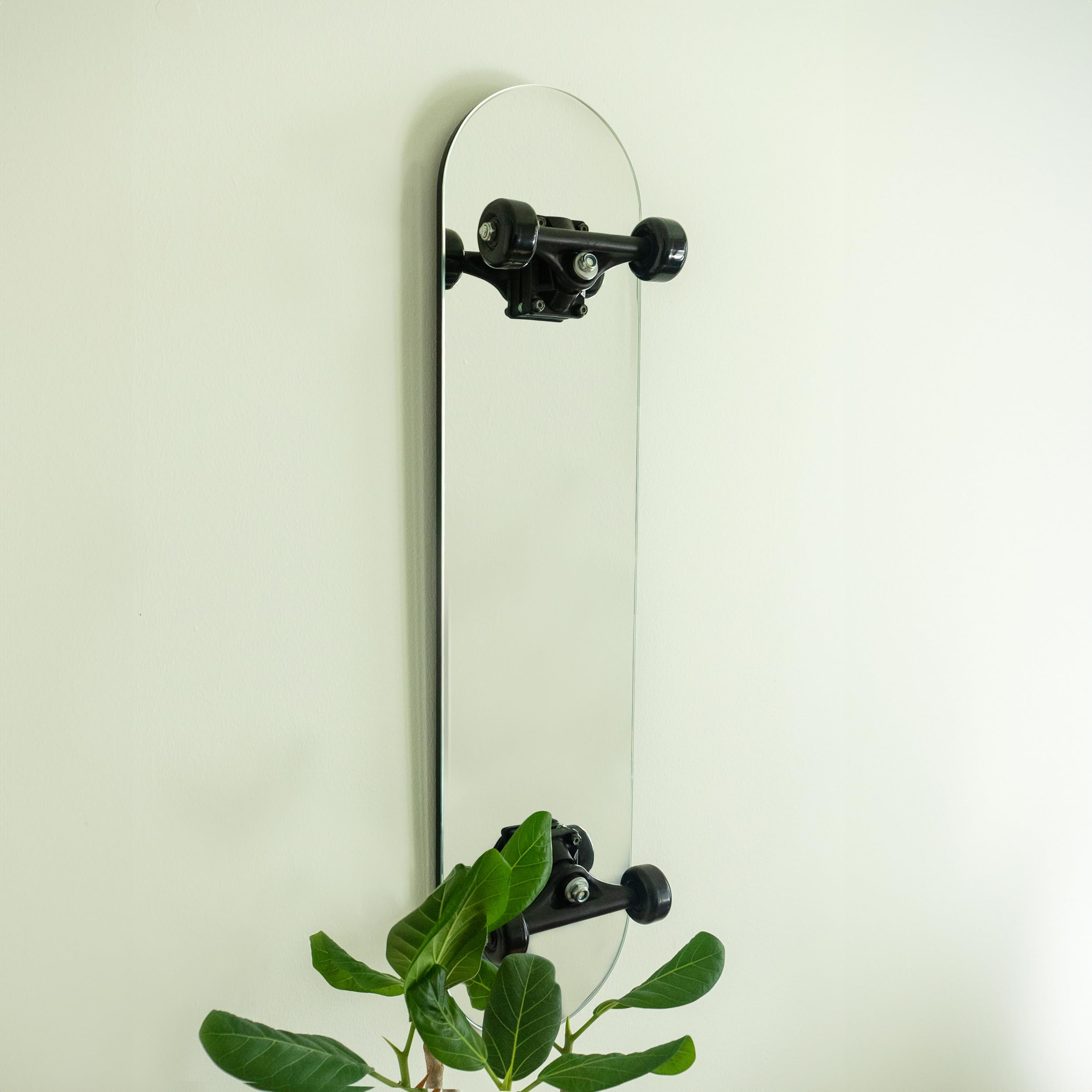 Skateboard Mirror - Tree Bar Wall Mirror - Stainless Steel with Real Trucks & Wheels, Silver