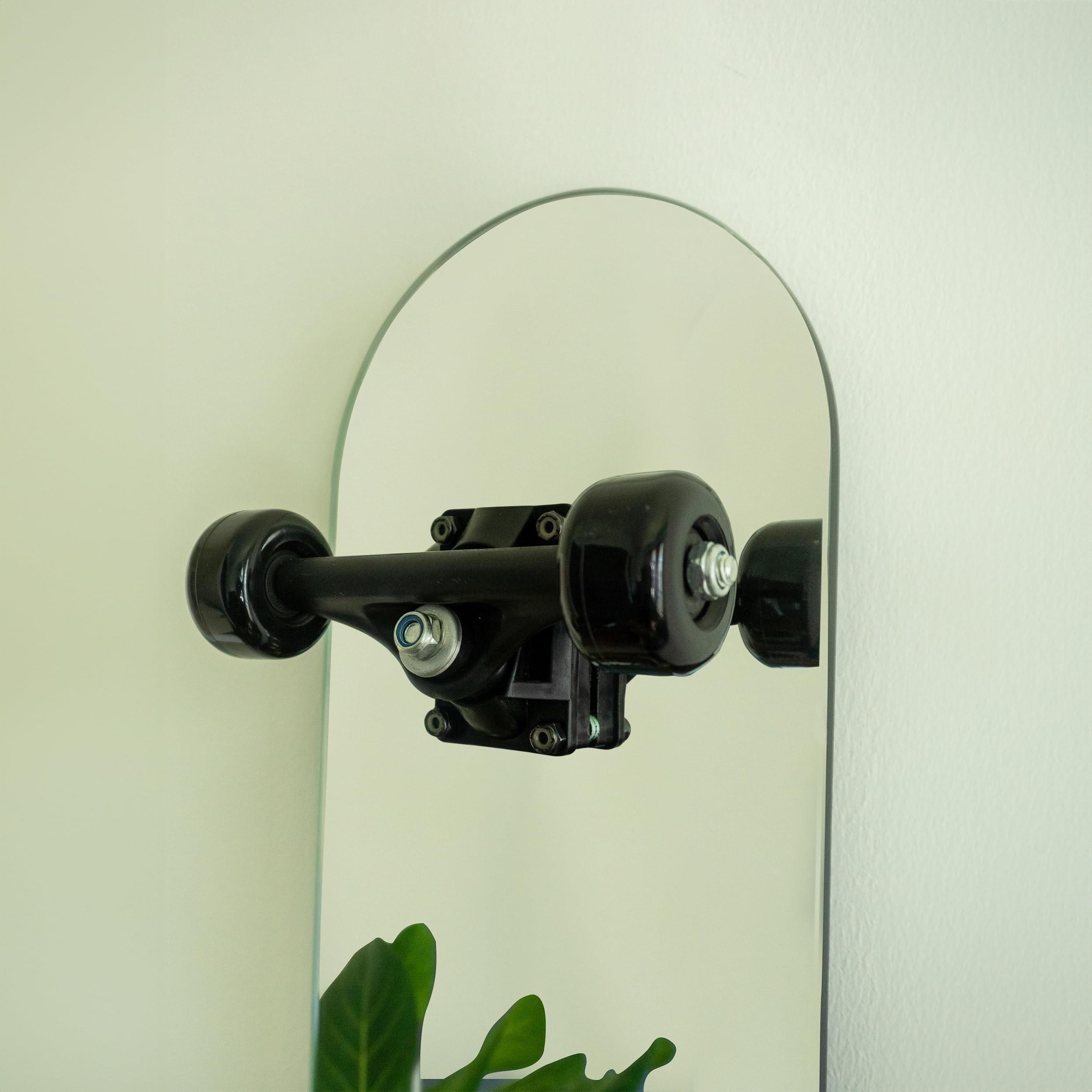 Skateboard Mirror - Tree Bar Wall Mirror - Stainless Steel with Real Trucks & Wheels, Silver