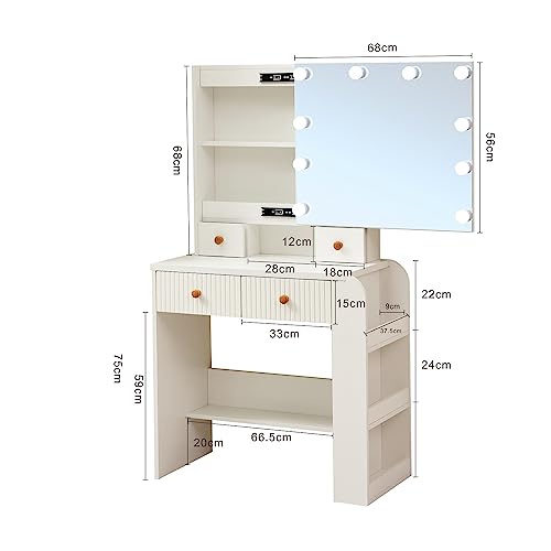 Vanity Desk with Mirror & Light, Large Drawer & Hidden Shelves Storage Dresser, 3 Lighting Modes Adjustable Brightness, Bedroom Dressing Table (White)