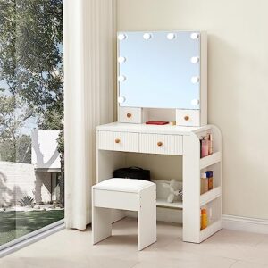 vanity desk with mirror & light, large drawer & hidden shelves storage dresser, 3 lighting modes adjustable brightness, bedroom dressing table (white)