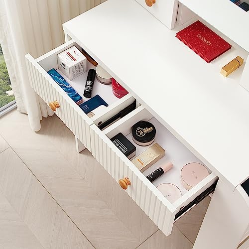 Vanity Desk with Mirror & Light, Large Drawer & Hidden Shelves Storage Dresser, 3 Lighting Modes Adjustable Brightness, Bedroom Dressing Table (White)