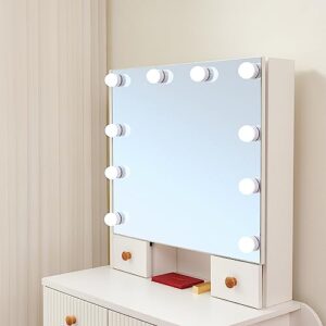 Vanity Desk with Mirror & Light, Large Drawer & Hidden Shelves Storage Dresser, 3 Lighting Modes Adjustable Brightness, Bedroom Dressing Table (White)