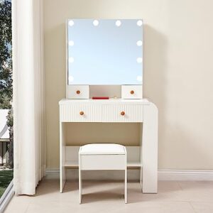 Vanity Desk with Mirror & Light, Large Drawer & Hidden Shelves Storage Dresser, 3 Lighting Modes Adjustable Brightness, Bedroom Dressing Table (White)