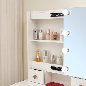 Vanity Desk with Mirror & Light, Large Drawer & Hidden Shelves Storage Dresser, 3 Lighting Modes Adjustable Brightness, Bedroom Dressing Table (White)