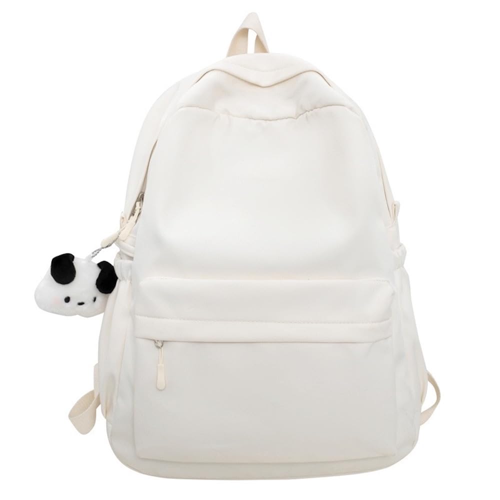 JHTPSLR Preppy Backpack with Plushies Cute Aesthetic Backpack Solid Kawaii Backpack Waterproof Laptop Backpack Casual Daypack (White)