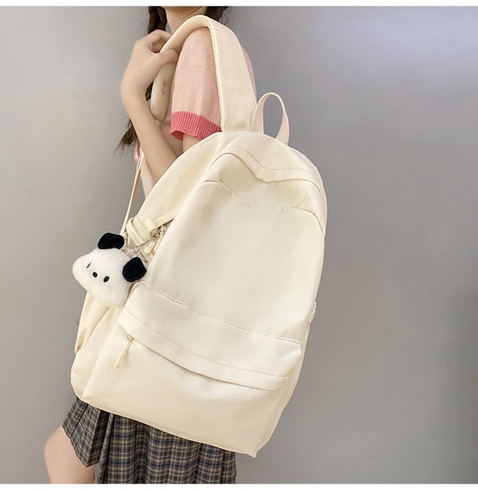 JHTPSLR Preppy Backpack with Plushies Cute Aesthetic Backpack Solid Kawaii Backpack Waterproof Laptop Backpack Casual Daypack (White)