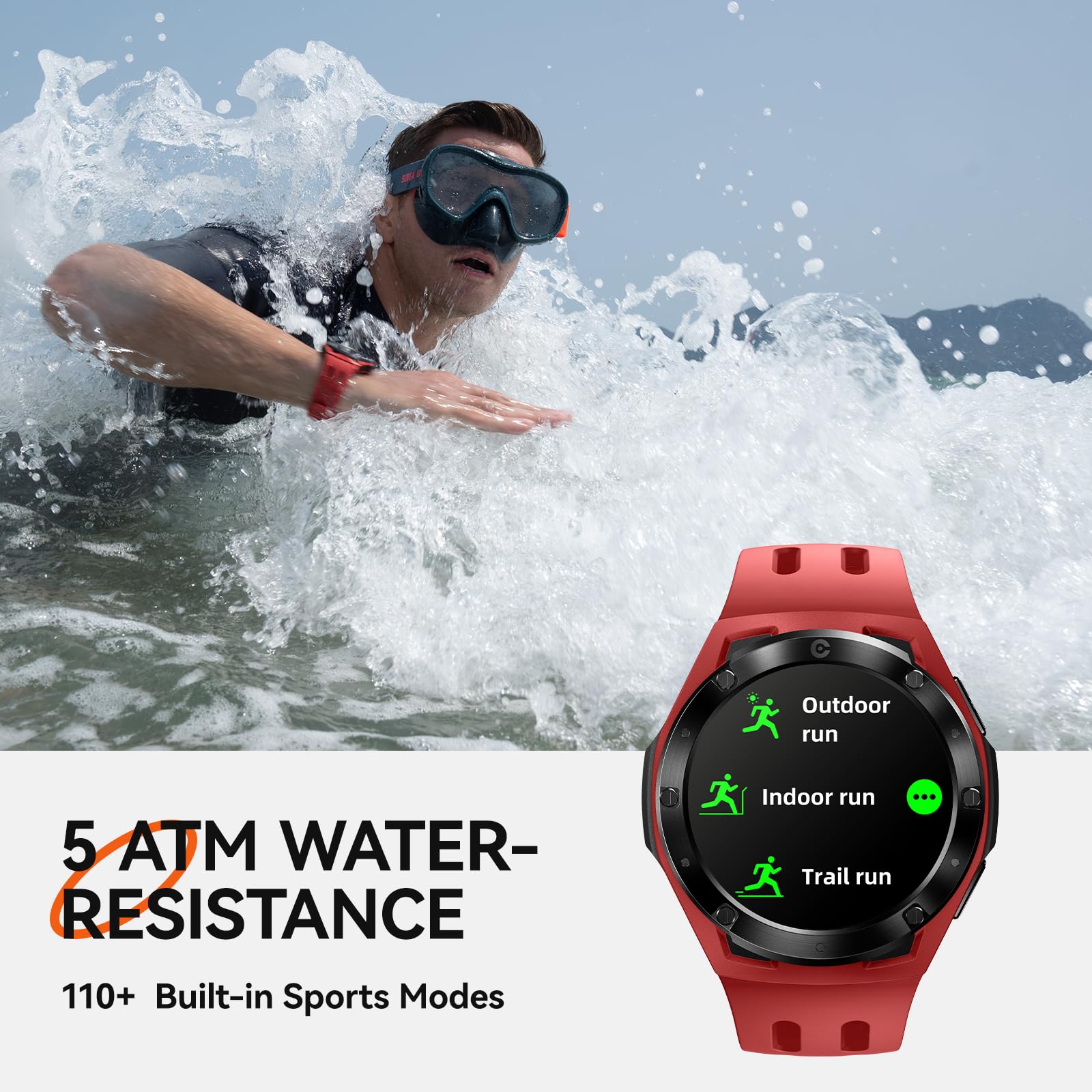 Mentech Xe1 Smartwatch, Lightweight Fitness Tracker with 1.2” Touch Screen, 110 Sport Modes, GPS, Sunlight-Visible, 5ATM Waterproof, 14-Day Battery Life, for Android and iOS Phones