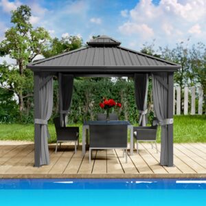 kozyard 10'x10' hardtop gazebo - permanent metal pavilion with netting and shaded curtains for patio, backyard, and deck - galvanized steel outdoor aluminum canopy, double roof gazebo (dark gray)