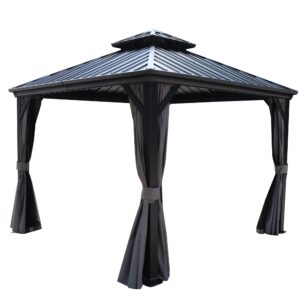 Kozyard 10'x10' Hardtop Gazebo - Permanent Metal Pavilion with Netting and Shaded Curtains for Patio, Backyard, and Deck - Galvanized Steel Outdoor Aluminum Canopy, Double Roof Gazebo (Dark Gray)