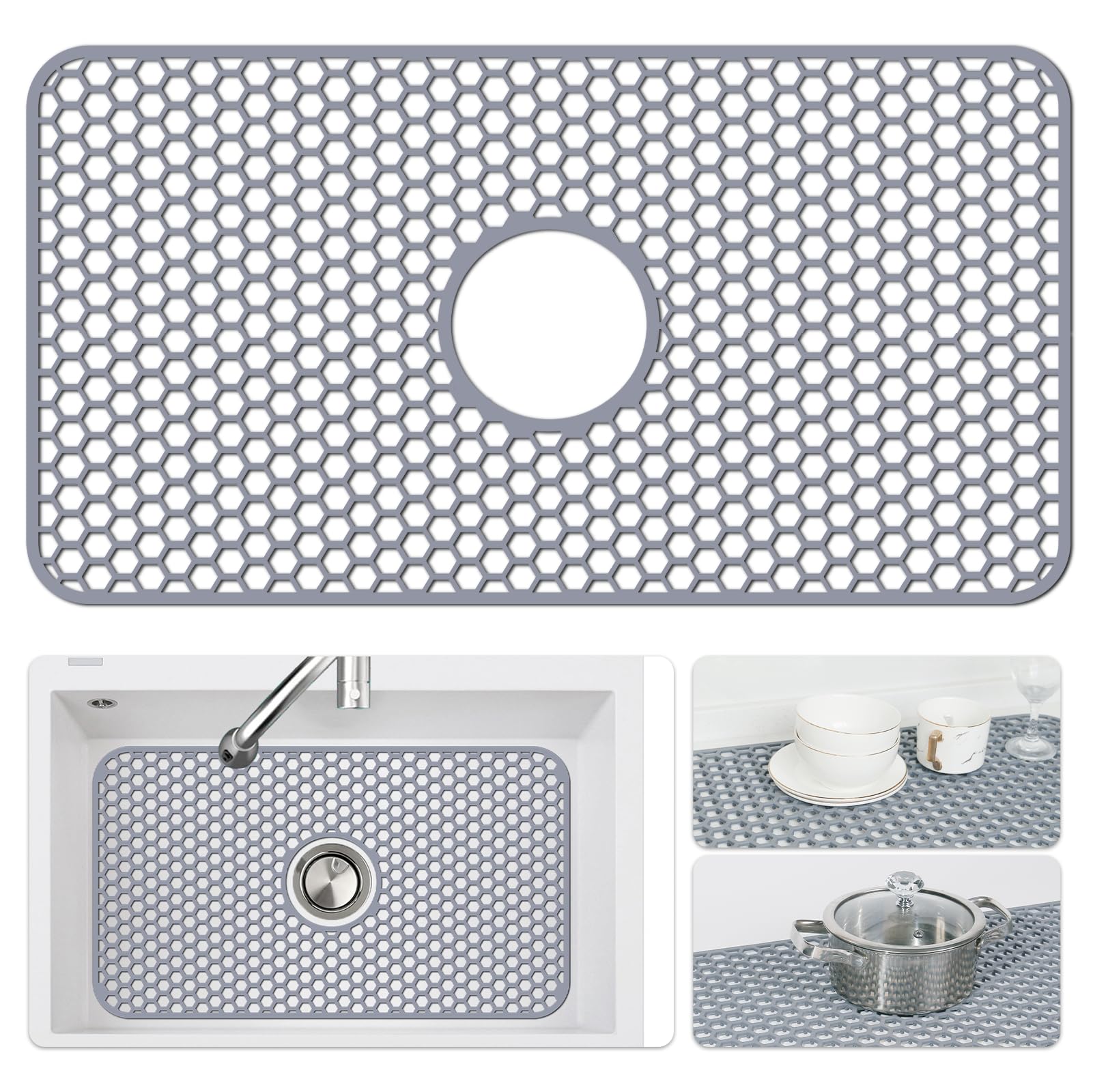 Bestjing Silicone Sink Mat - Protectors for Kitchen Sink with Center Drain, 26"x 14" Kitchen Sink Grid, Non-Slip Heat-Resistant Sink Mat for Bottom of Farmhouse Stainless Steel Sink (Center Hole)