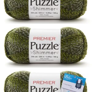 Premier Puzzle Shimmer Yarn 3-Pack Bundle with Bellas Crafts Stitch Markers (Maze Shimmer)