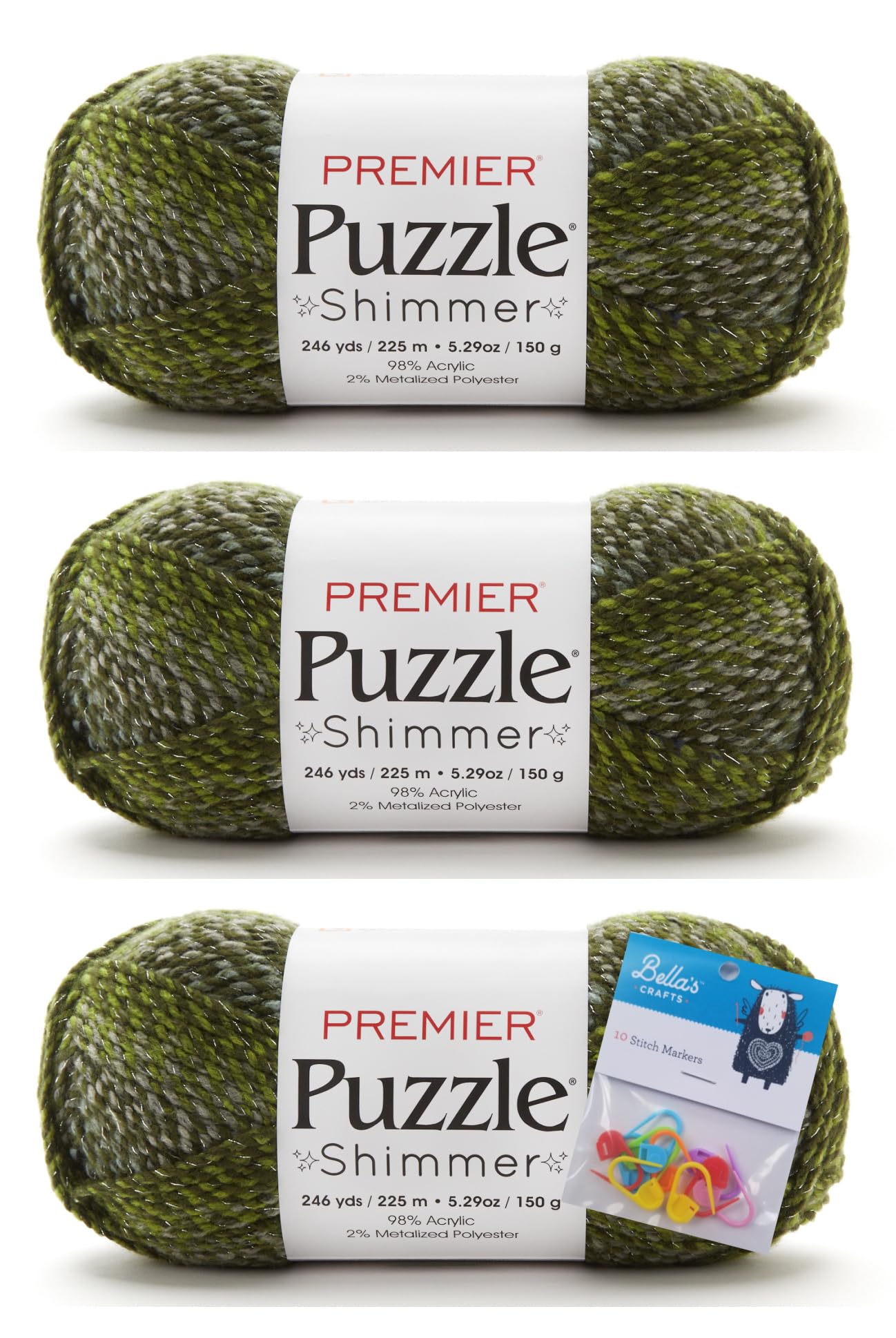 Premier Puzzle Shimmer Yarn 3-Pack Bundle with Bellas Crafts Stitch Markers (Maze Shimmer)