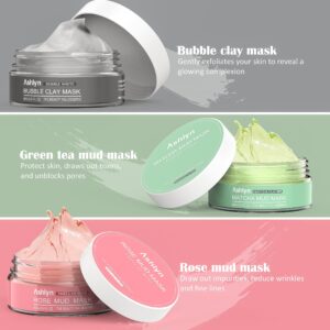 Ashlyn 3 PCS Clay Mask Set, Green Tea Clay Facial Mask, Rose Face Masks Skincare, Dead Sea Bubble Deep Cleanse Mask, Organic Facial Masks for Women, Face Mask Skin Care Set Gifts for Girls Teens