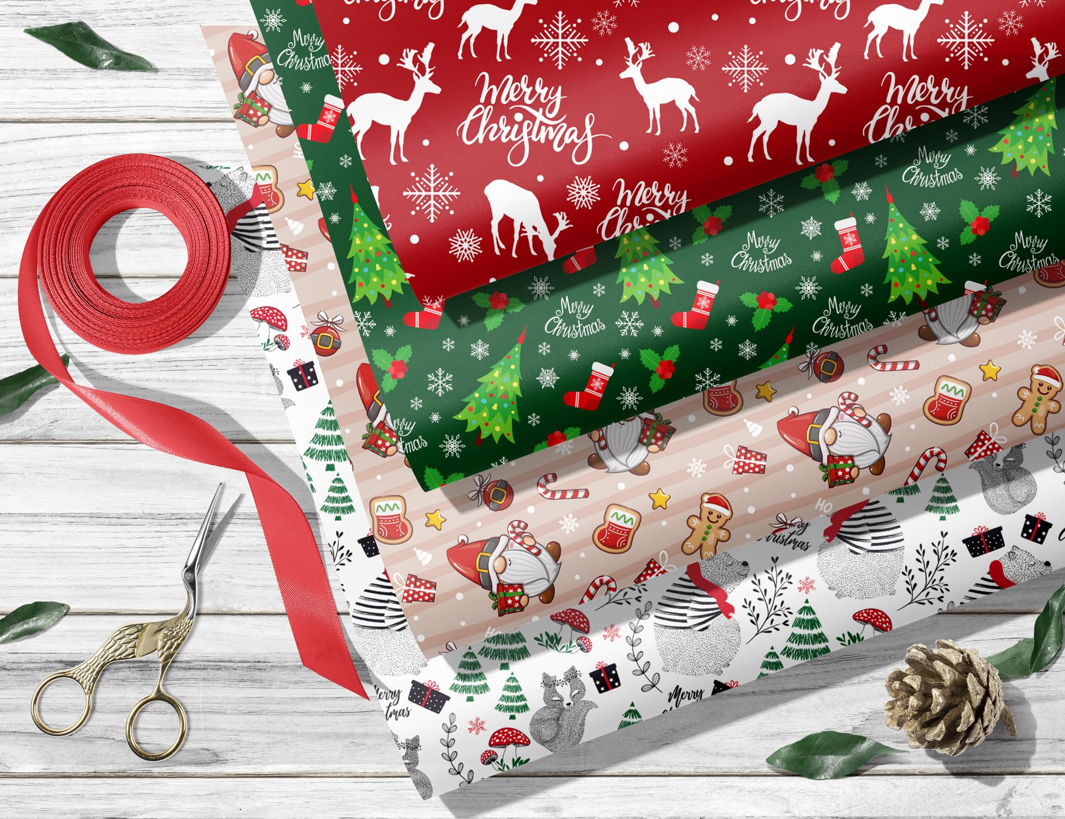 SaringSwoon Christmas Wrapping Paper for Boys Girls Kids Adults - Xmas Gift Wrap With Gnome, Reindeer, Polar Bear, Merry Christmas on Green and Red - 43×29 Inches, 6 Folded Sheets, Recyclable