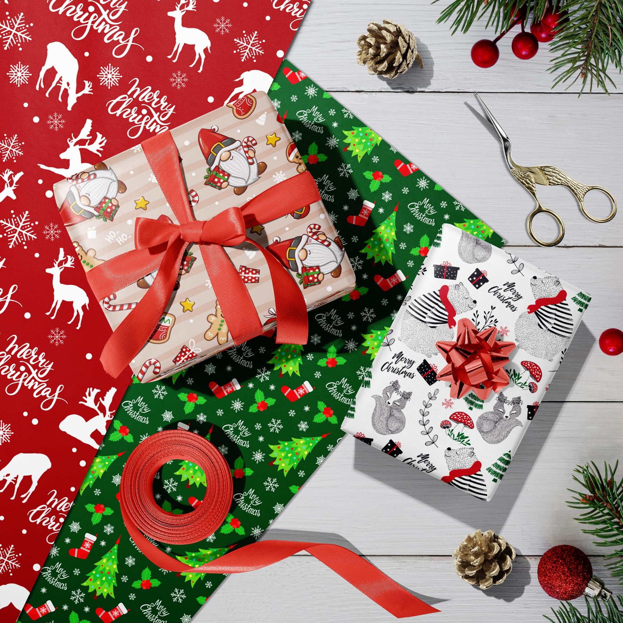 SaringSwoon Christmas Wrapping Paper for Boys Girls Kids Adults - Xmas Gift Wrap With Gnome, Reindeer, Polar Bear, Merry Christmas on Green and Red - 43×29 Inches, 6 Folded Sheets, Recyclable