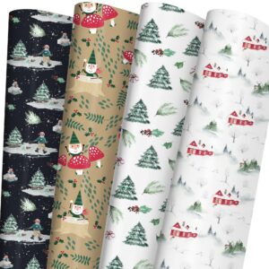 SaringSwoon Christmas Wrapping Paper for Kids, Adults - Winter Xmas Watercolor Gift Wrap With Gnome, Rustic House on Brown, Black, White - 43×29 Inches, 6 Folded Jumbo Sheets, Recyclable