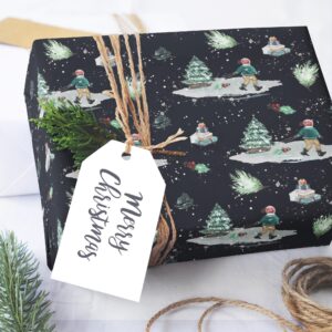 SaringSwoon Christmas Wrapping Paper for Kids, Adults - Winter Xmas Watercolor Gift Wrap With Gnome, Rustic House on Brown, Black, White - 43×29 Inches, 6 Folded Jumbo Sheets, Recyclable