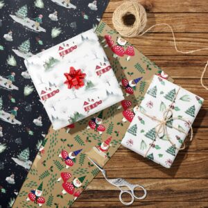 SaringSwoon Christmas Wrapping Paper for Kids, Adults - Winter Xmas Watercolor Gift Wrap With Gnome, Rustic House on Brown, Black, White - 43×29 Inches, 6 Folded Jumbo Sheets, Recyclable