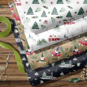 SaringSwoon Christmas Wrapping Paper for Kids, Adults - Winter Xmas Watercolor Gift Wrap With Gnome, Rustic House on Brown, Black, White - 43×29 Inches, 6 Folded Jumbo Sheets, Recyclable