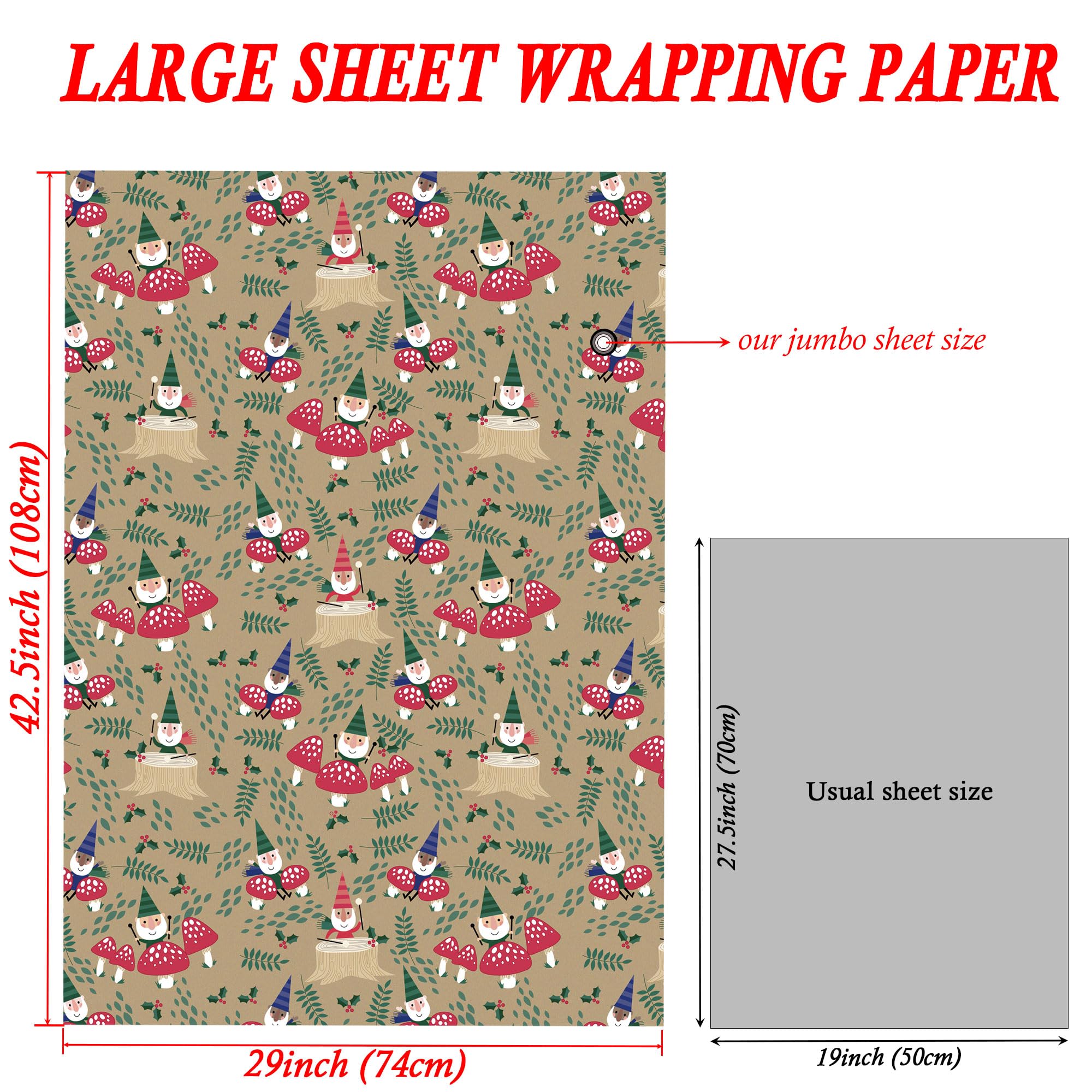 SaringSwoon Christmas Wrapping Paper for Kids, Adults - Winter Xmas Watercolor Gift Wrap With Gnome, Rustic House on Brown, Black, White - 43×29 Inches, 6 Folded Jumbo Sheets, Recyclable