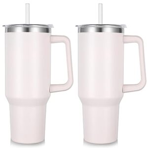 40 oz tumbler with handle and straw, insulated stainless steel tumbler with 2 in 1 lid, double vacuum travel mug coffee cup, rose quartz pack 2