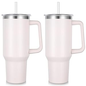 40 oz Tumbler with Handle and Straw, Insulated Stainless Steel Tumbler with 2 In 1 Lid, Double Vacuum Travel Mug Coffee Cup, Rose Quartz Pack 2