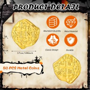 Hanaive 50 Pcs Metal Pirate Coins Spanish Doubloon Replicas Pirate Treasure Metal Tokens Fake Play Coins for Kids Board Games Pirate Party Cosplay (Gold)