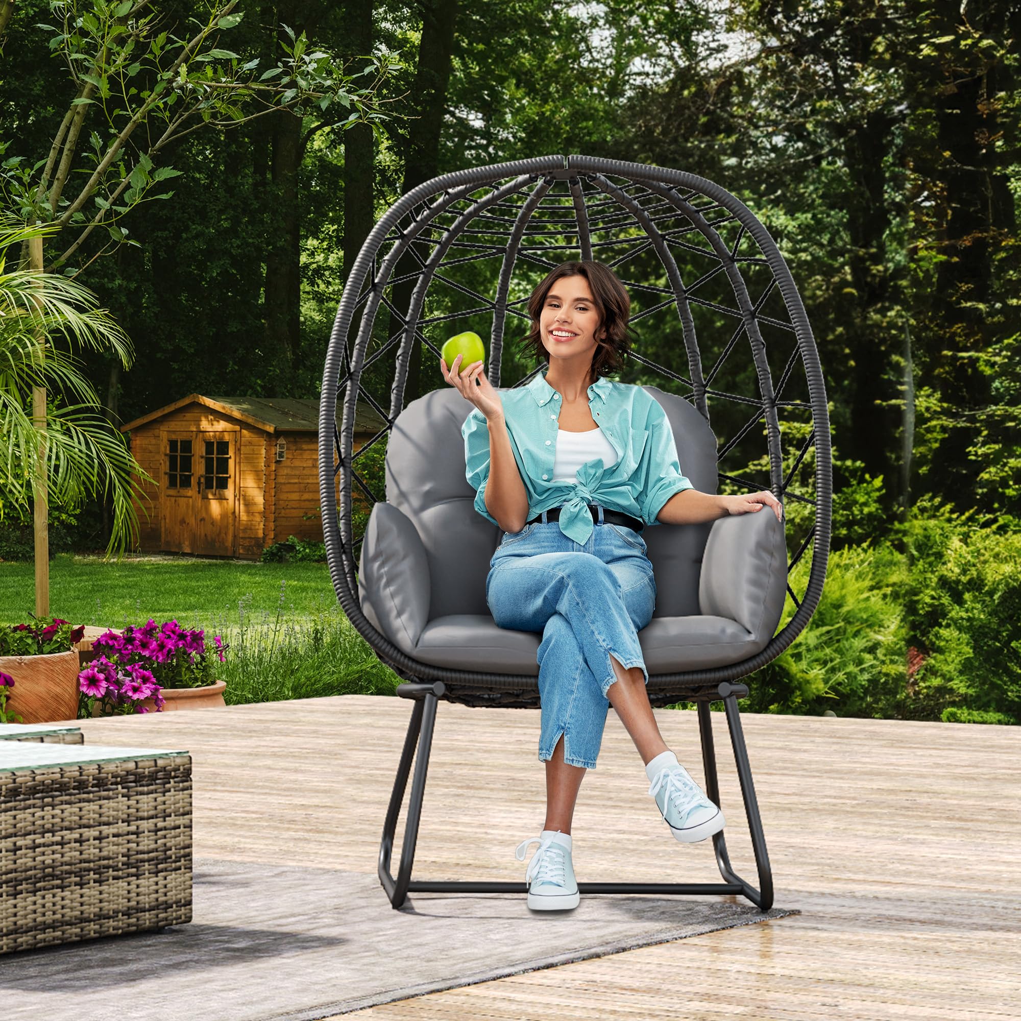 YITAHOME Egg Chair with Stand Outdoor Indoor Egg Lounge Chair with Cushion Wicker Chair PE Rattan Chair Included for Patio, Garden, Backyard, Porch, Gray