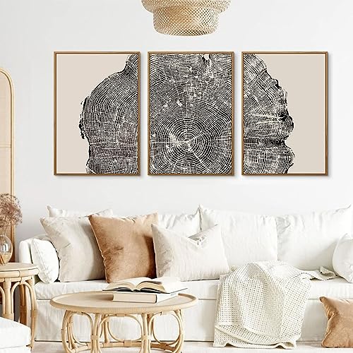 CHDITB Framed Wood Tree Rings Wall Art Set, 16x24in Black and White Canvas Art Wall Decor, Abstract Nature Wall Pictures Prints, Modern Paintings Wall Art for Living Room, Bedroom, Farmhouse(3Pcs)