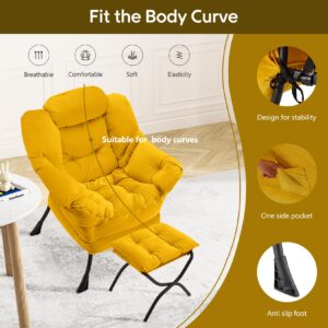 Congermom Lazy Chair with Folding Ottoman Modern Large Accent Chair,Contemporary Lounge Leisure Sofa Chair with Armrests Upholstered Sofa Armchair Reading Chair for Bedroom,Dorm & Office,Yellow