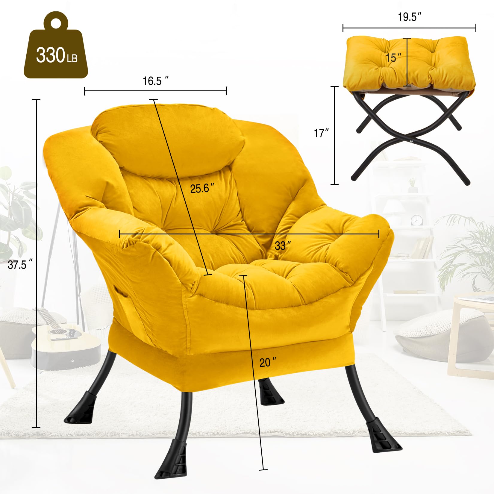 Congermom Lazy Chair with Folding Ottoman Modern Large Accent Chair,Contemporary Lounge Leisure Sofa Chair with Armrests Upholstered Sofa Armchair Reading Chair for Bedroom,Dorm & Office,Yellow