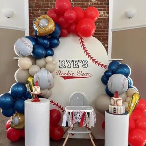 Rookie of the Year 1st Birthday Decorations 144PCS Baseball Balloon Arch Garland Kit Red White Sand Navy Blue with Baseball Glove, Exploding Star Balloon for Baseball Sports Birthday Decorations