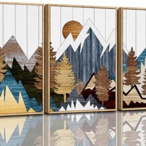 CHDITB Mountain Framed Canvas Wall Art Set, Country Woodcut Style Wall Decor, Forest Nature Wilderness Wall Painting, Modern Art Prints for Living Room, Bedroom, Farmhouse - Large Size 16"x24"x3