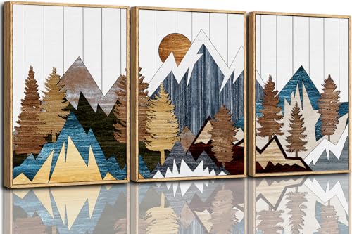 CHDITB Mountain Framed Canvas Wall Art Set, Country Woodcut Style Wall Decor, Forest Nature Wilderness Wall Painting, Modern Art Prints for Living Room, Bedroom, Farmhouse - Large Size 16"x24"x3