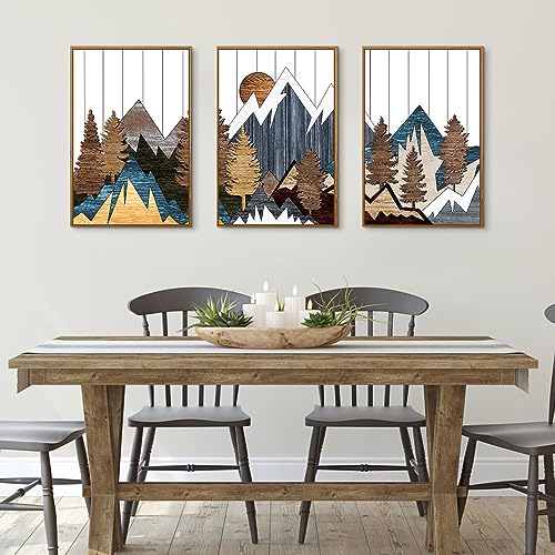 CHDITB Mountain Framed Canvas Wall Art Set, Country Woodcut Style Wall Decor, Forest Nature Wilderness Wall Painting, Modern Art Prints for Living Room, Bedroom, Farmhouse - Large Size 16"x24"x3