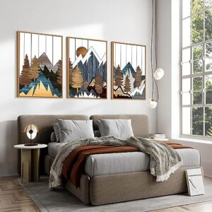 CHDITB Mountain Framed Canvas Wall Art Set, Country Woodcut Style Wall Decor, Forest Nature Wilderness Wall Painting, Modern Art Prints for Living Room, Bedroom, Farmhouse - Large Size 16"x24"x3