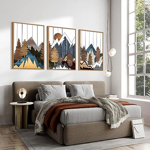 CHDITB Mountain Framed Canvas Wall Art Set, Country Woodcut Style Wall Decor, Forest Nature Wilderness Wall Painting, Modern Art Prints for Living Room, Bedroom, Farmhouse - Large Size 16"x24"x3