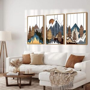 CHDITB Mountain Framed Canvas Wall Art Set, Country Woodcut Style Wall Decor, Forest Nature Wilderness Wall Painting, Modern Art Prints for Living Room, Bedroom, Farmhouse - Large Size 16"x24"x3