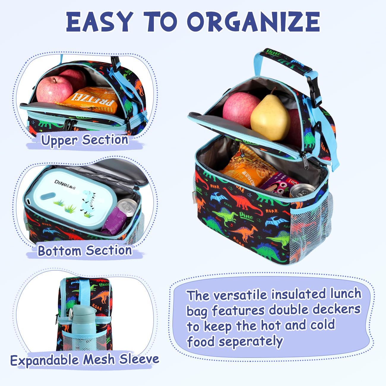 VASCHY Lunch Box Bag for Kids, Insulated Double Compartments Cooler Lunch Tote for Toddlers Boys Girls School/Daycare/Picnic Black Dinos