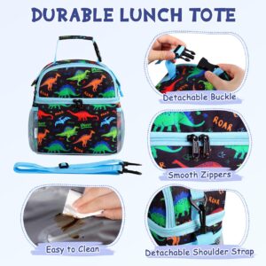 VASCHY Lunch Box Bag for Kids, Insulated Double Compartments Cooler Lunch Tote for Toddlers Boys Girls School/Daycare/Picnic Black Dinos