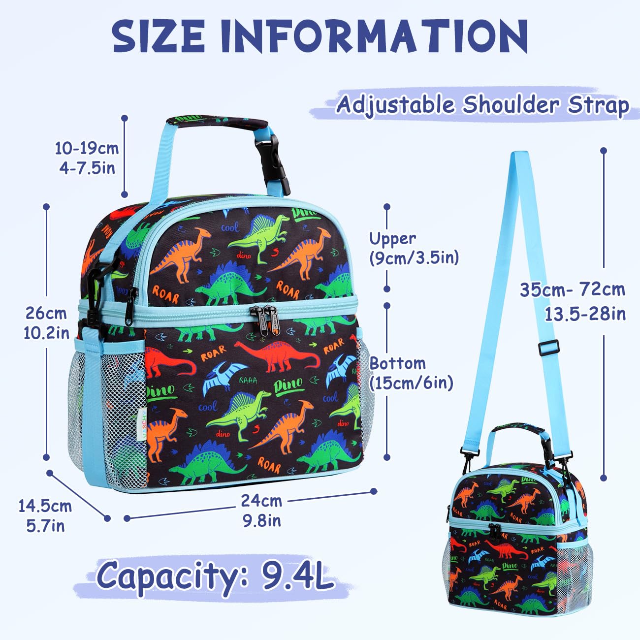 VASCHY Lunch Box Bag for Kids, Insulated Double Compartments Cooler Lunch Tote for Toddlers Boys Girls School/Daycare/Picnic Black Dinos