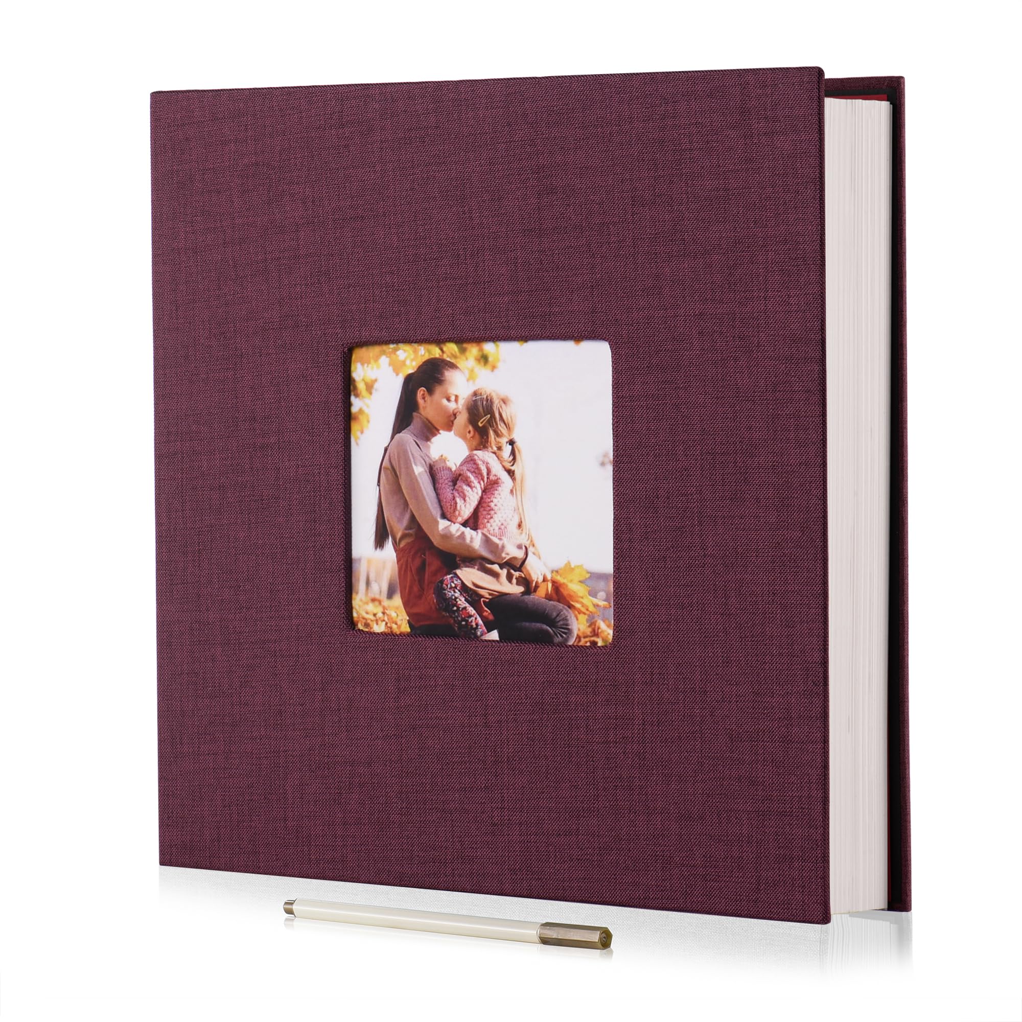 HoneyTolly Large Photo Album Self Adhesive with Picture Display Window, DIY Scrapbook Album for 4x6 8x10 Pictures, 40 Pages Linen Cover Memory Book with Scraper and Metallic Pen(Purple)