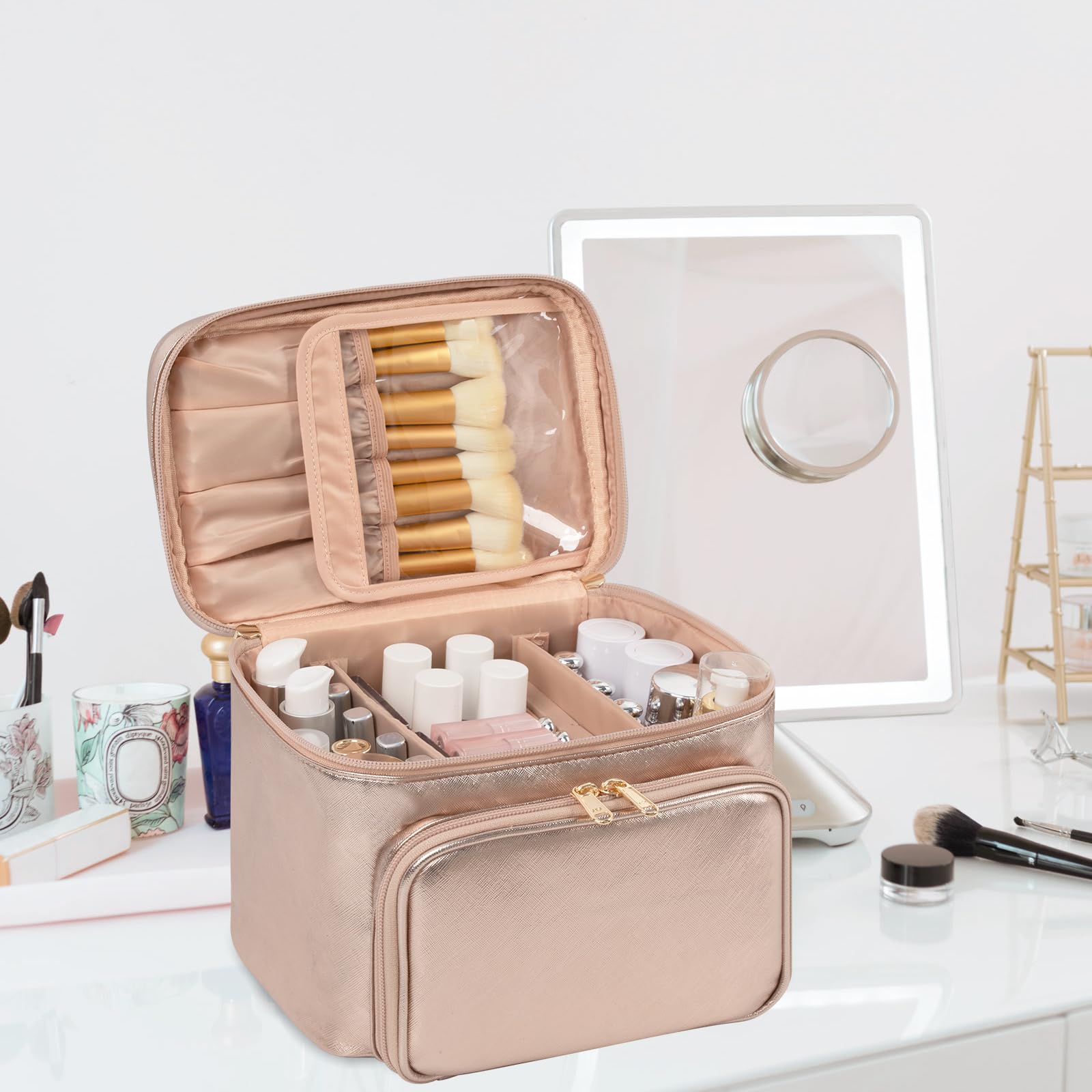 Makeup Bag Organizer,Travel Makeup Bags for Women,Cosmetic Case Organizer Fits Bottles Vertically, Toiletry Bag with Adjustable Dividers and Lipstick Organizer Holder - Rose Gold