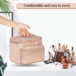 Makeup Bag Organizer,Travel Makeup Bags for Women,Cosmetic Case Organizer Fits Bottles Vertically, Toiletry Bag with Adjustable Dividers and Lipstick Organizer Holder - Rose Gold