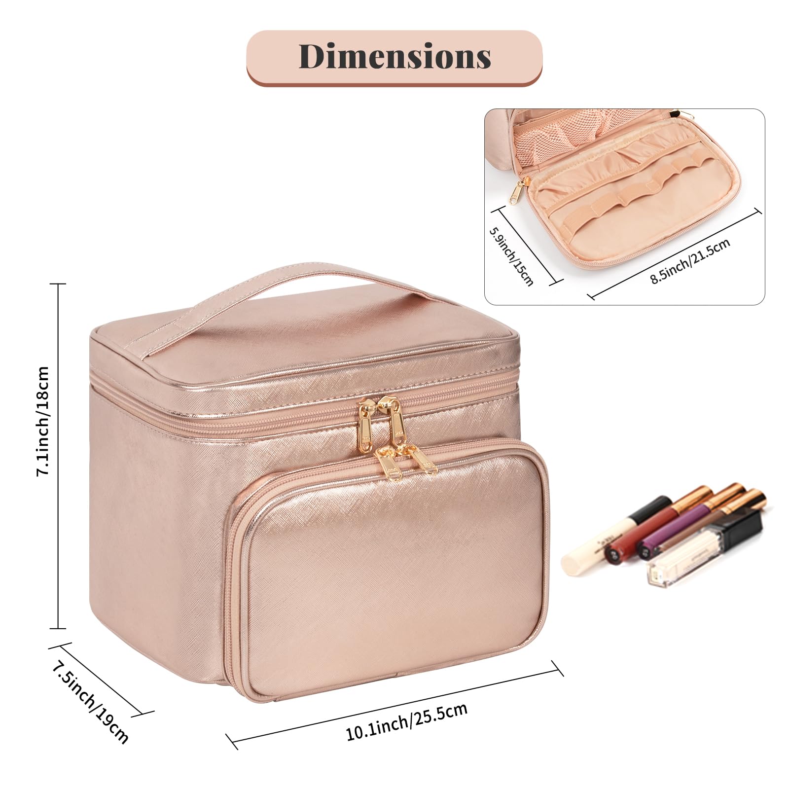 Makeup Bag Organizer,Travel Makeup Bags for Women,Cosmetic Case Organizer Fits Bottles Vertically, Toiletry Bag with Adjustable Dividers and Lipstick Organizer Holder - Rose Gold