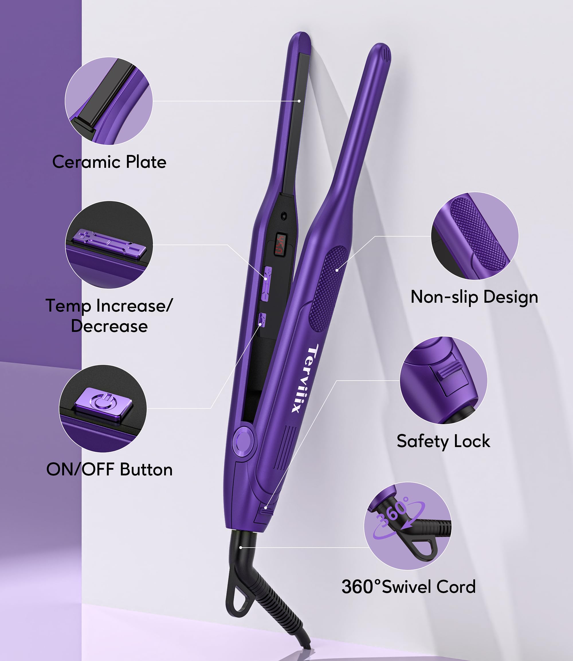 Terviiix Ceramic Pencil Flat Iron for Edges, 3/10 Inch Skinny Hair Straightener with LCD Digital Display, Mini Flat Iron for Pixie & Beard, Small Flat Irons for Short Hair, Auto Shut Off, Purple