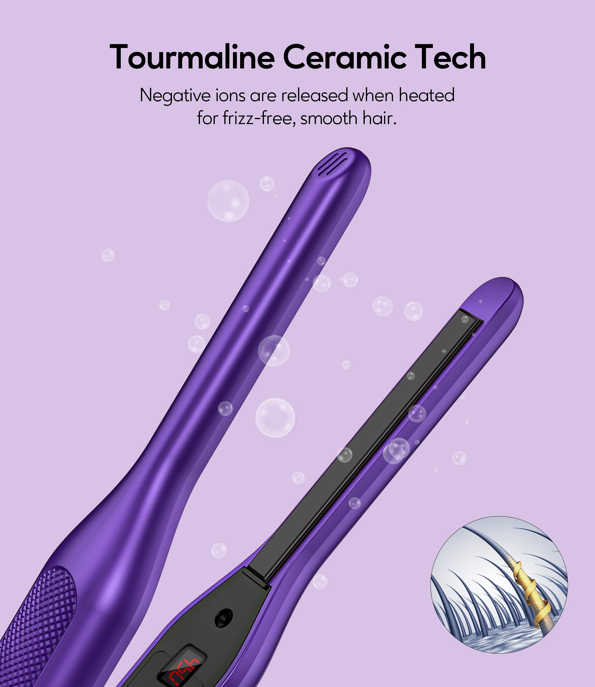 Terviiix Ceramic Pencil Flat Iron for Edges, 3/10 Inch Skinny Hair Straightener with LCD Digital Display, Mini Flat Iron for Pixie & Beard, Small Flat Irons for Short Hair, Auto Shut Off, Purple